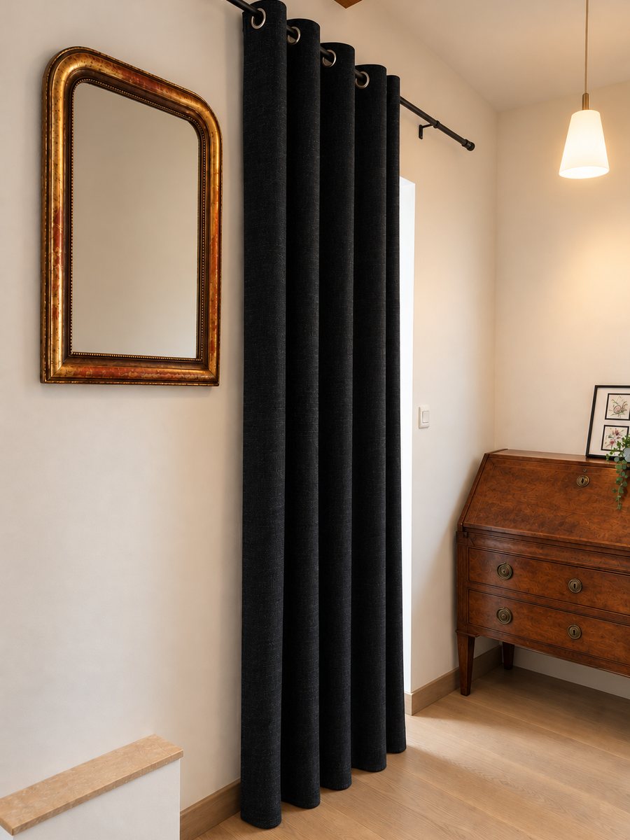 Rideaux noirs à œillets posés le long d'un mur, à côté d'un miroir doré